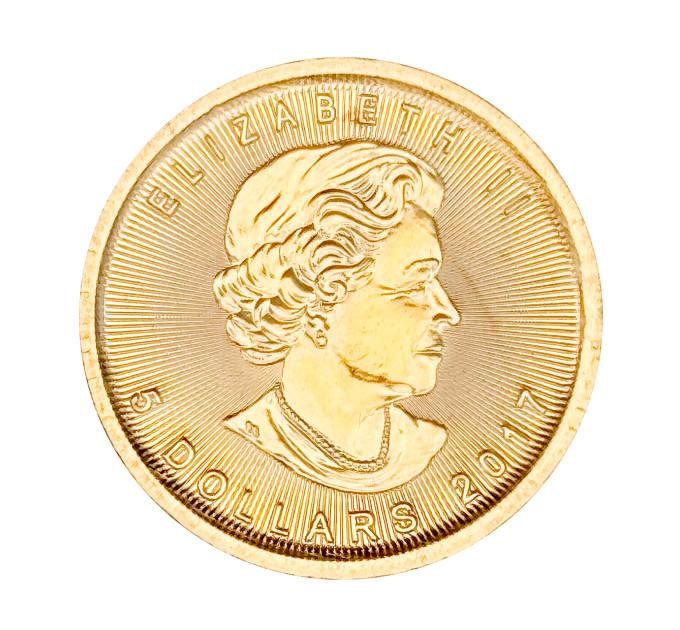 Золотая монета 5 $ «Кленовый лист» 1/10 oz 2017 Канада