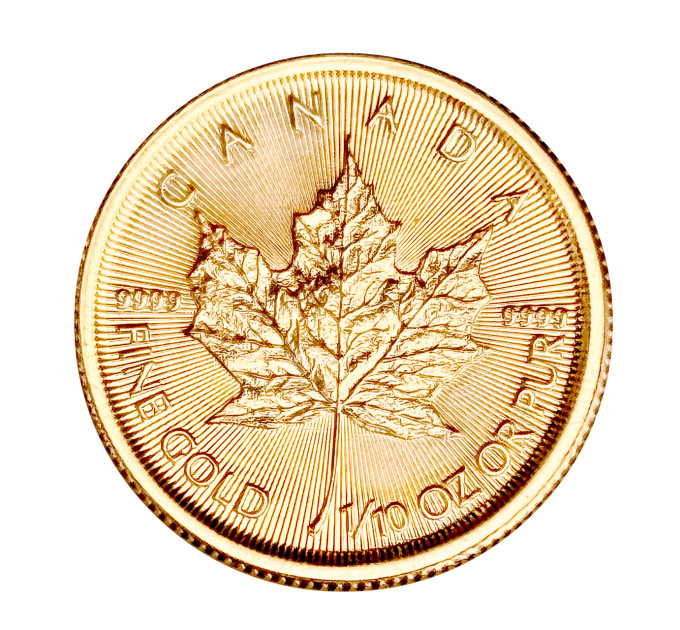 Золотая монета 5 $ «Кленовый лист» 1/10 oz 2017 Канада