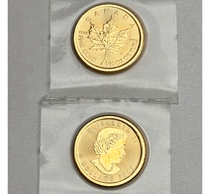 Золотая монета 5 $ «Кленовый лист» 1/10 oz 2017 Канада