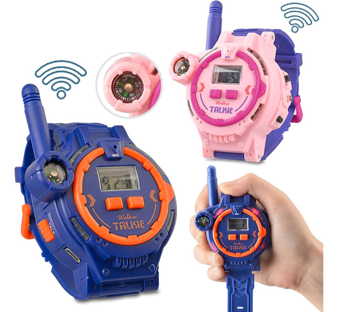 Часы-рации Walkie Talkie для детей — набор 2 шт (синие и розовые) с компасом, фонариком и USB зарядкой | дальность до 200 м