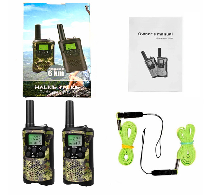 Детские рации Aikmi Kids Walkie Talkie 6 км — набор 2 шт | дальность до 6 км, режим VOX, 22 канала, зелёный камуфляж
