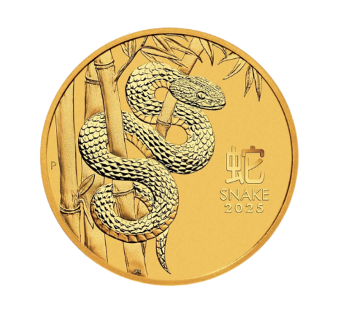 Золотая монета 5 $ «Lunar Series III — Год Змеи» 2025 — инвестиционная и коллекционная монета 1/20 унции