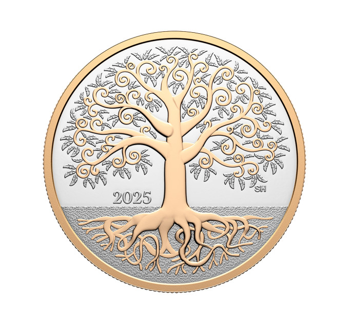 Серебряная монета Canada Tree of Life ½ oz 2025 — серебро .9999 с позолотой, номинал 10$, Royal Canadian Mint