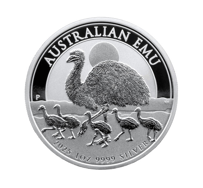 Серебряная монета 1$ «Emu» 2025, 1 унция серебра .9999, Australia Perth Mint, коллекционная, тираж 30 000