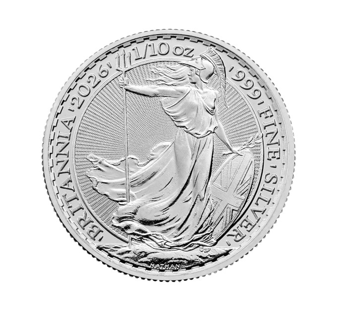 Серебряная монета 20 pence Britannia 1/10 oz 2026 Великобритания — коллекционная и инвестиционная монета