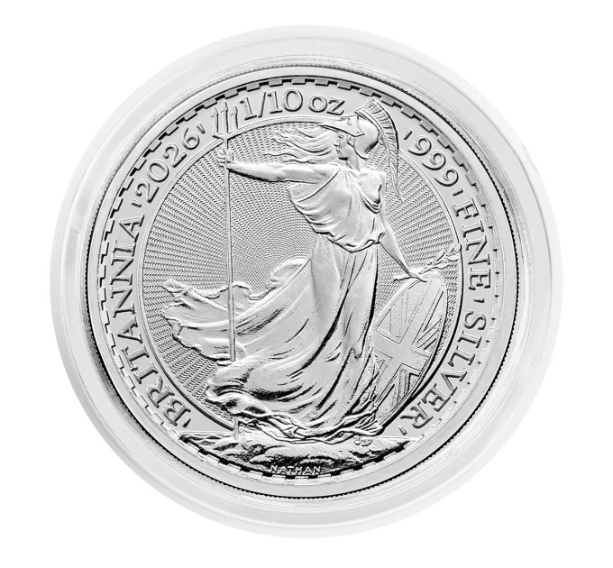 Серебряная монета 20 pence Britannia 1/10 oz 2026 Великобритания — коллекционная и инвестиционная монета