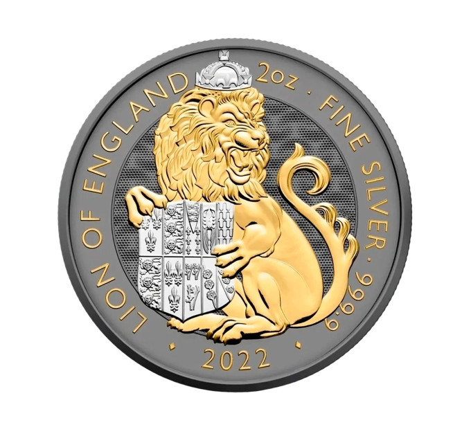 Позолоченная серебряная монета 5£ The Lion of England 2oz 2022 — коллекционная и инвестиционная