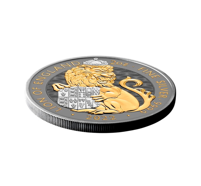 Позолоченная серебряная монета 5£ The Lion of England 2oz 2022 — коллекционная и инвестиционная