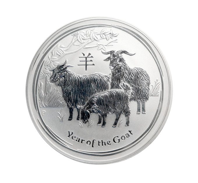 Серебряная монета 1 доллар Year of the Goat 2015 года из Австралии весом 1 унция. 