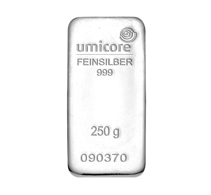 Серебряный слиток UMICORE 250 г .999 — инвестиционное серебро банковского стандарта