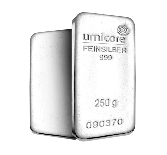 Серебряный слиток UMICORE 250 г .999 — инвестиционное серебро банковского стандарта