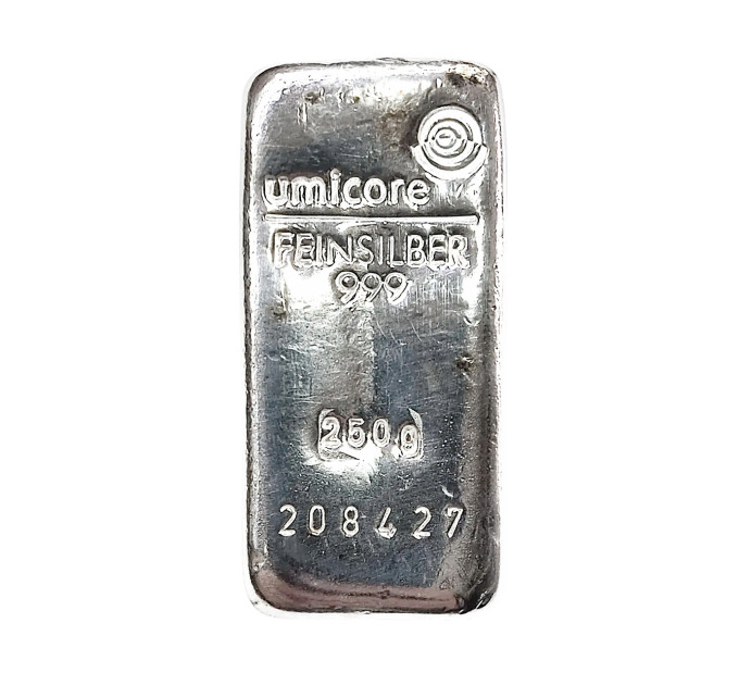 Серебряный слиток UMICORE 250 г .999 — инвестиционное серебро банковского стандарта
