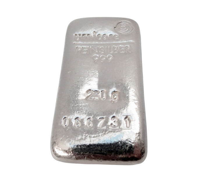 Серебряный слиток UMICORE 250 г .999 — инвестиционное серебро банковского стандарта