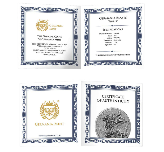 Серебряная монета Germania Beasts: Fenrir 1oz 2022 — с сертификатом