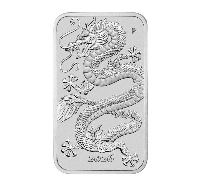 Прямокутна срібна монета 1$ Дракон 1oz 2026 Австралія — Perth Mint, Ag 999.9