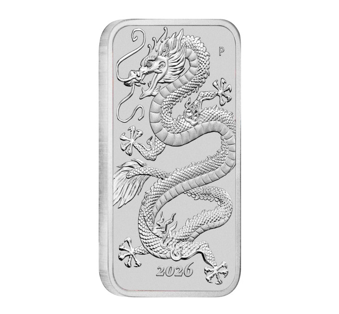 Прямокутна срібна монета 1$ Дракон 1oz 2026 Австралія — Perth Mint, Ag 999.9